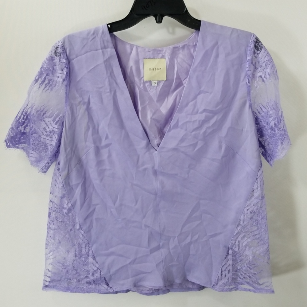 Mason Lavender Silk V-neck Lace Top Size 6